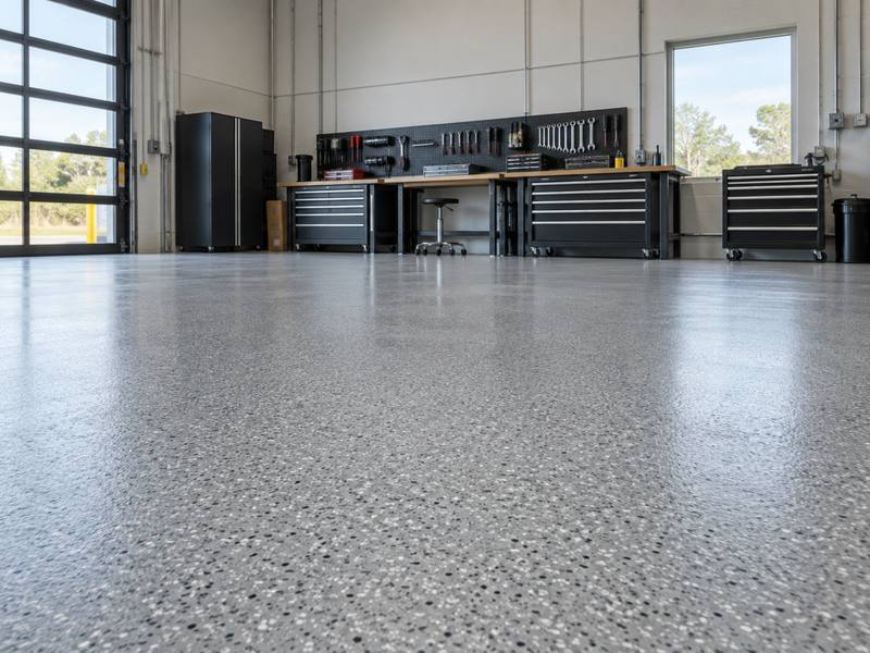 Maintenance bay with tool storage on a coated industrial floor in Nova Scotia