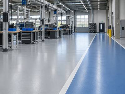 Blue walkway marked across an assembly floor in a Nova Scotia plant
