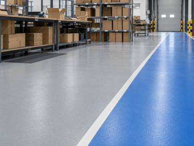 Blue packing lane marked out beside a grey warehouse floor in Dartmouth