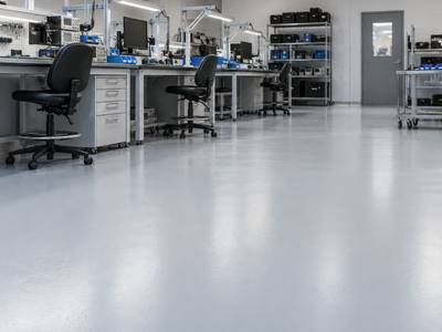 Light industrial floor coating beneath an electronics assembly bench in Halifax