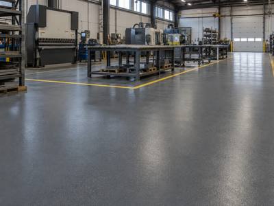 Yellow bay outline marked on a metal fabrication shop floor in Dartmouth