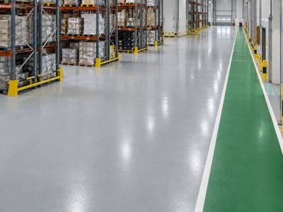 Green pedestrian walkway running along a racked cross aisle in a Burnside warehouse