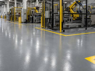 Yellow hatched floor marking around a guarded robot cell in a Halifax factory