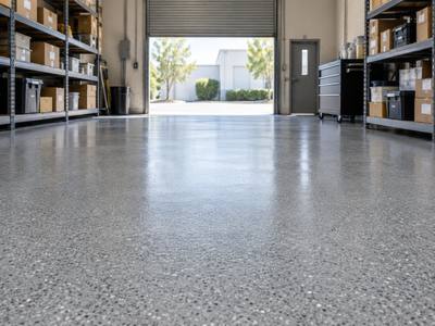 Grey floor coating through a small Halifax warehouse with shelving and a roll up door
