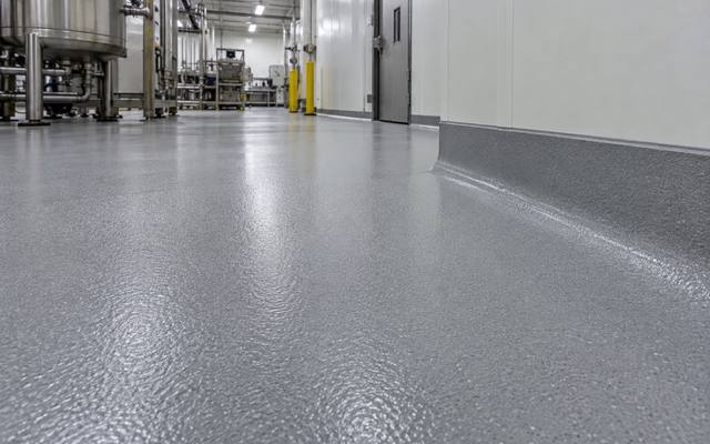 Close view of a resurfaced concrete floor with a fine broadcast texture in a Halifax plant