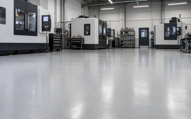 Industrial epoxy flooring in a Halifax machine shop with CNC equipment standing on a grey coated slab