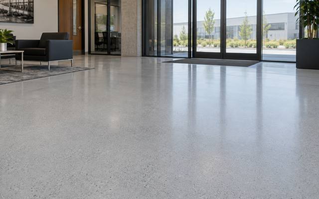 Polished concrete flooring with exposed aggregate in a Halifax facility entrance