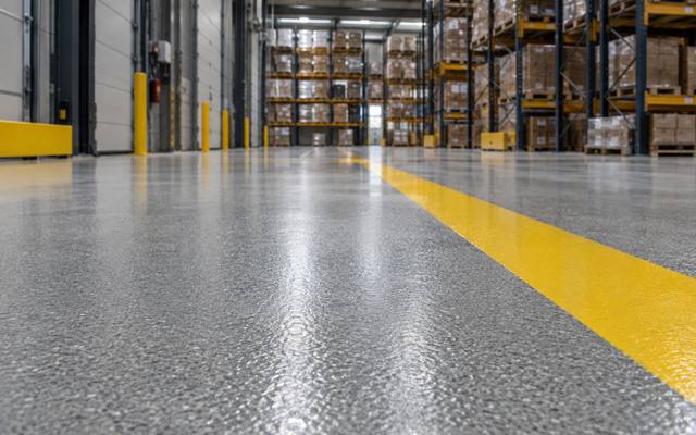 Yellow warehouse line painting marking a forklift lane across a grey coated floor in Halifax