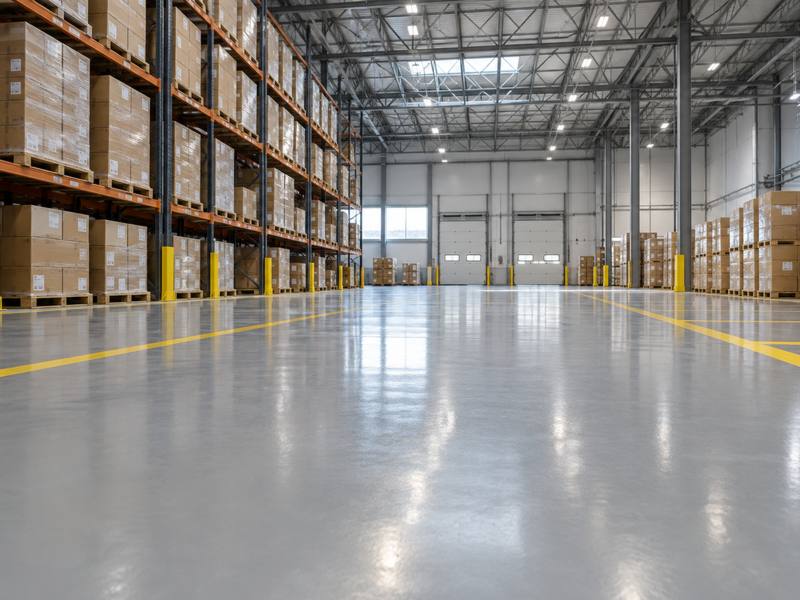 Distribution warehouse with yellow lane marking on a coated slab in Halifax Regional Municipality